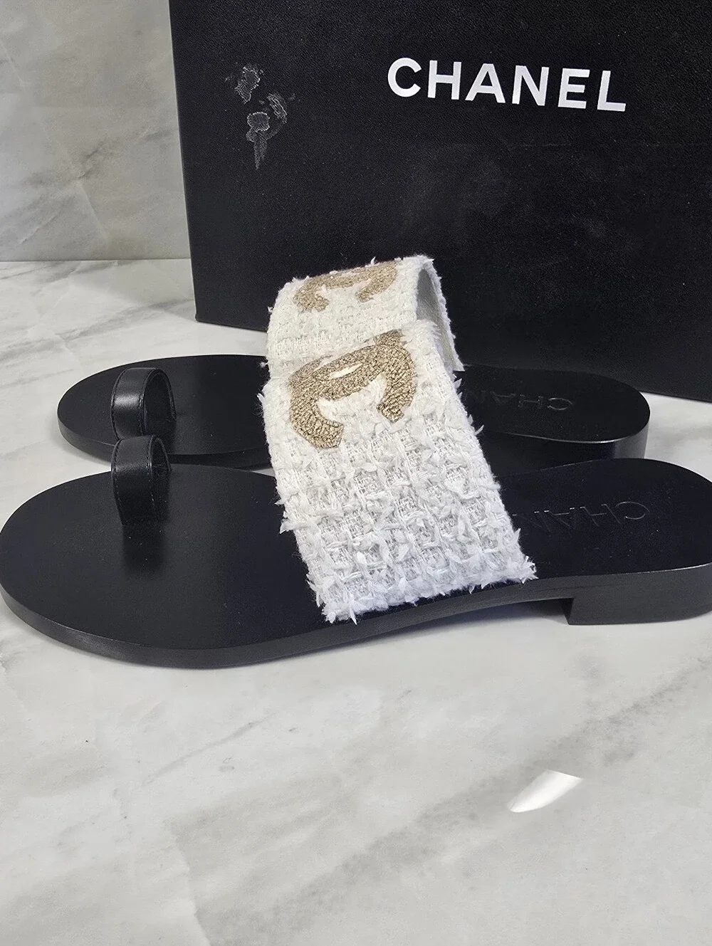 Chanel White Tweed & Gold Logo Slide Sandals